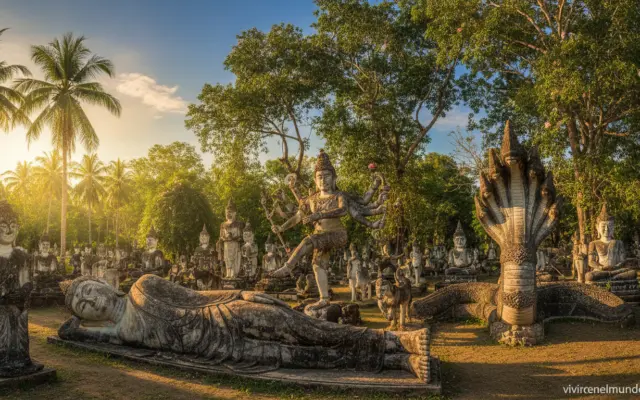estatuas de buda y dioses hindúes en el Wat Xieng Khuan Buddha Park de Laos