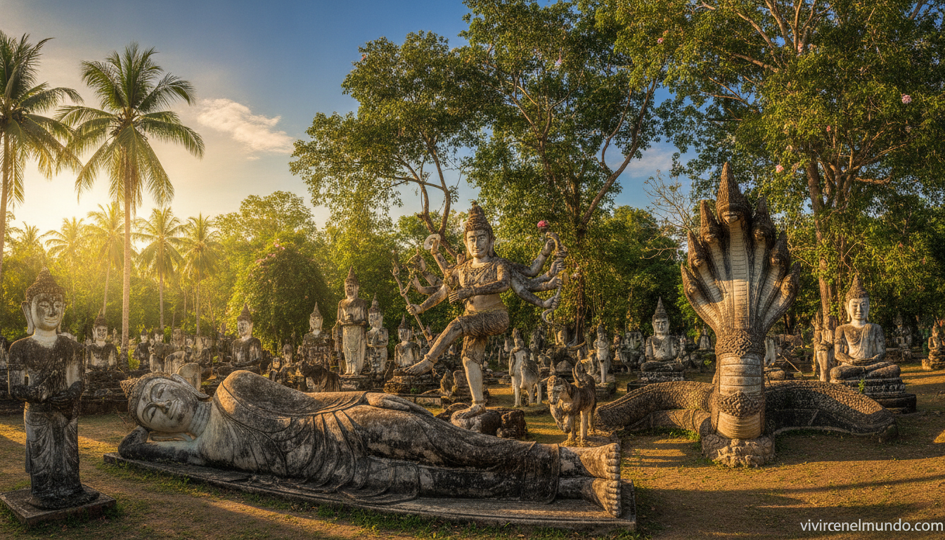 estatuas de buda y dioses hindúes en el Wat Xieng Khuan Buddha Park de Laos