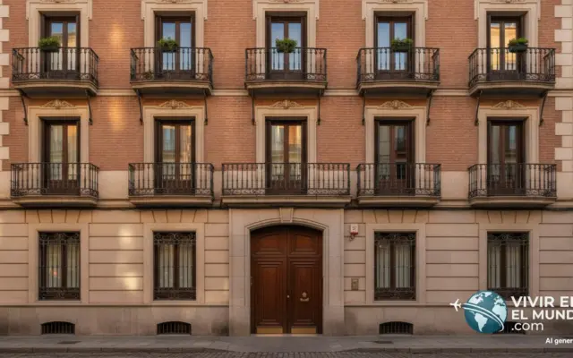 Fachada de un edificio clásico de Madrid con balcones de forja y la entrada de un hotel a pie de calle