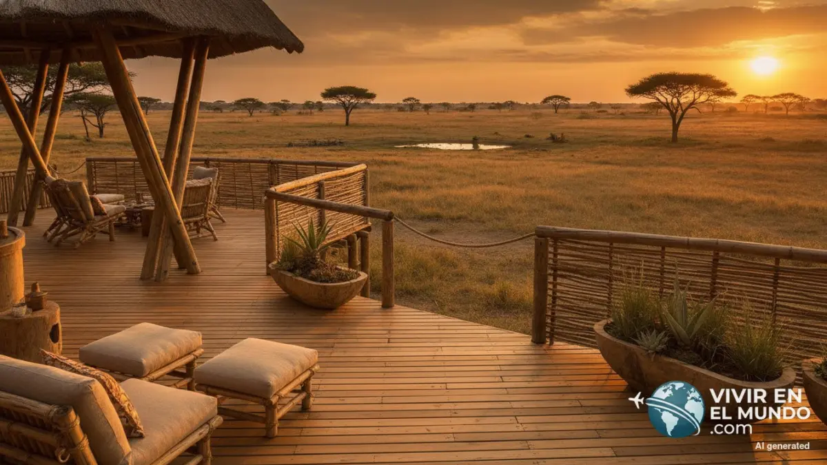 Terraza de bambú de un lodge sostenible con vistas a la sabana africana