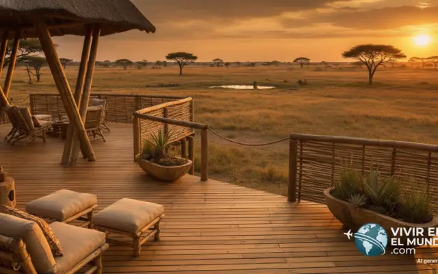 Terraza de bambú de un lodge sostenible con vistas a la sabana africana