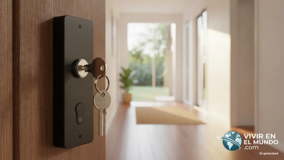 Llaves en la cerradura de una vivienda vacacional con pasillo iluminado