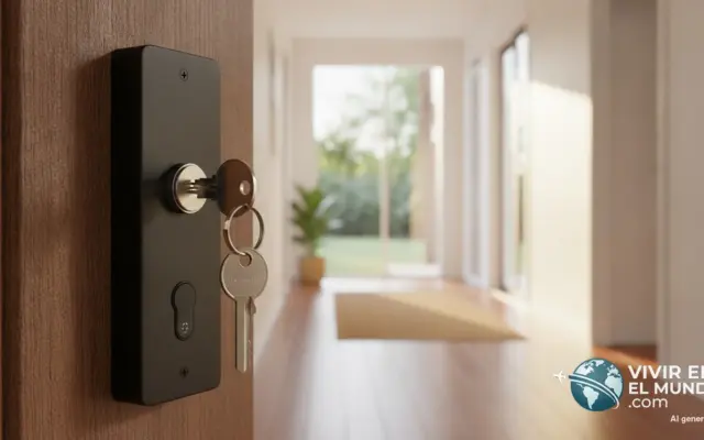Llaves en la cerradura de una vivienda vacacional con pasillo iluminado