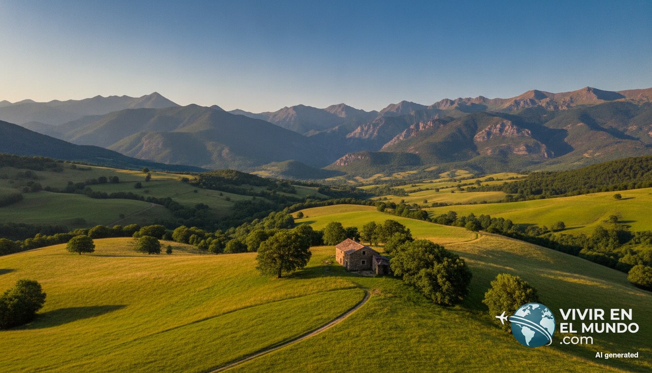Valle de la Cerdanya en verano con prados verdes, una masia de piedra y las montañas al fondo