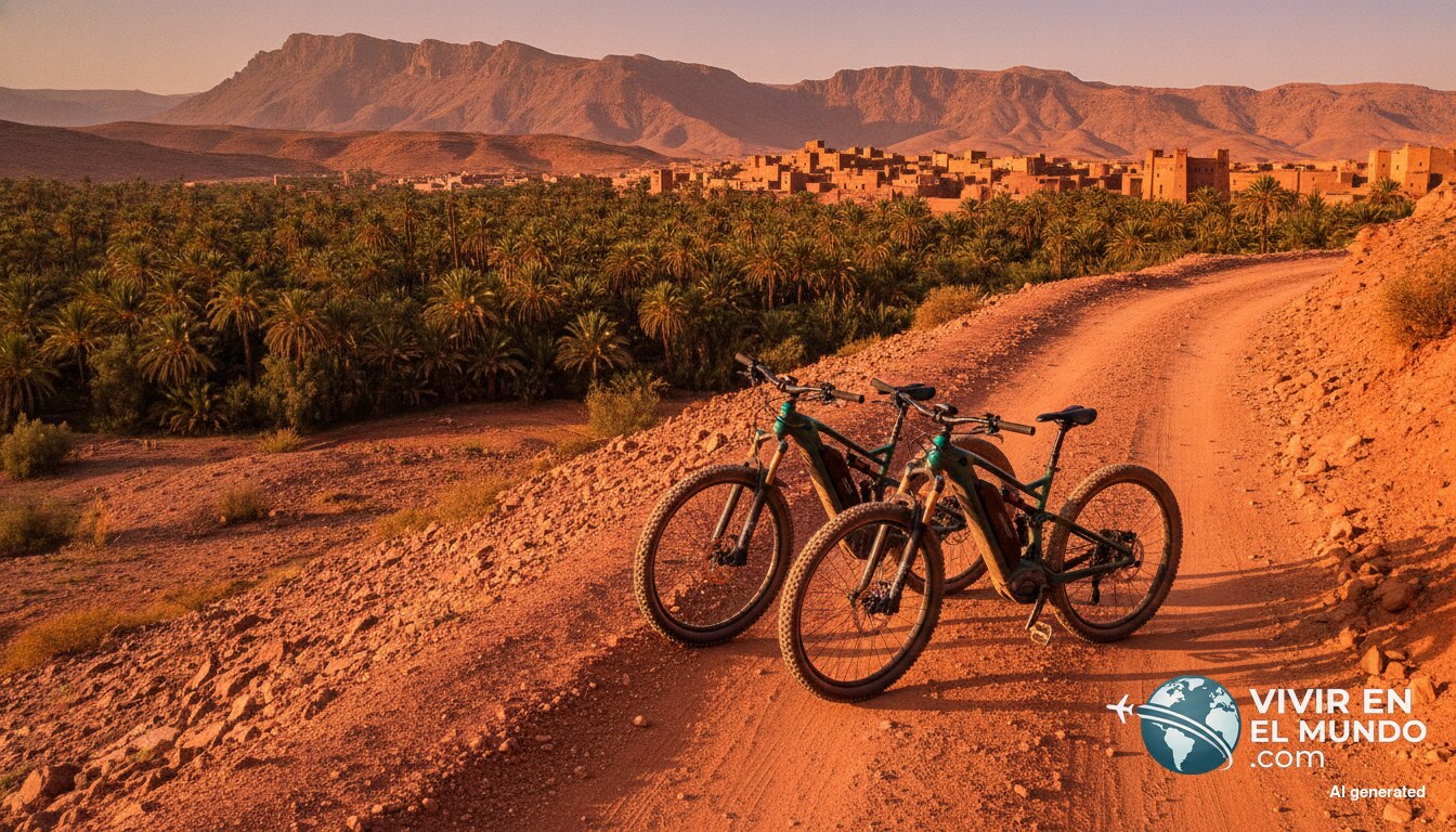 Dos bicicletas eléctricas de montaña en una pista de tierra roja del Atlas marroquí