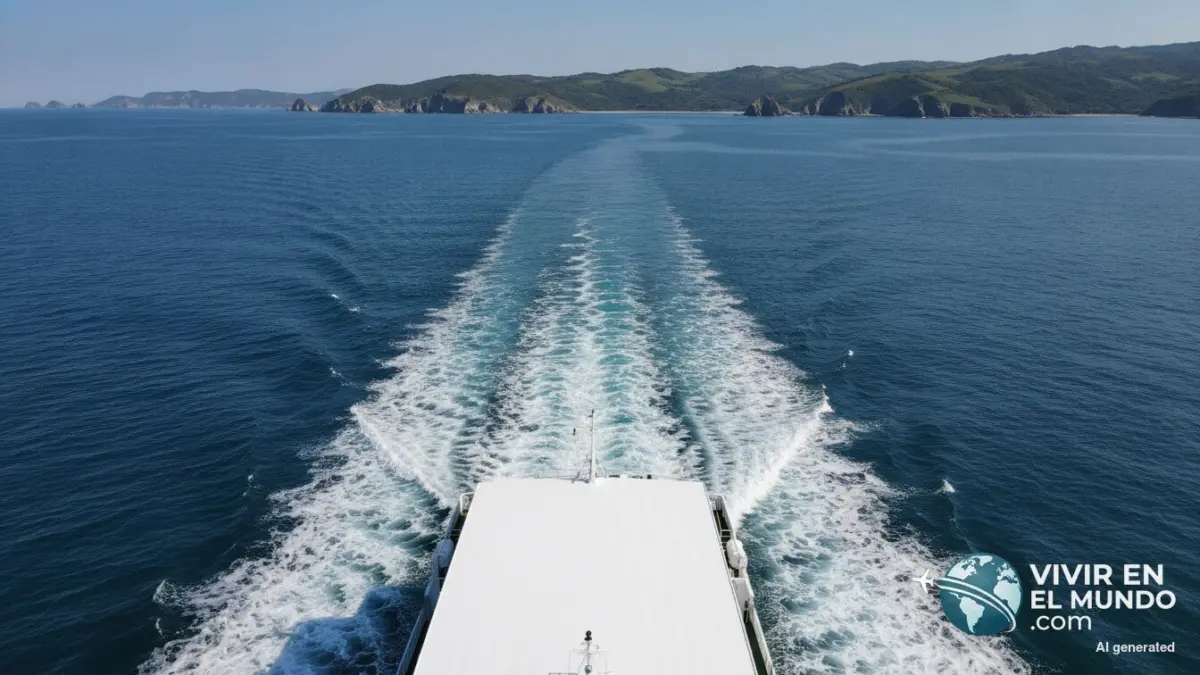 Ferry de pasajeros navegando en mar en calma con la costa al fondo