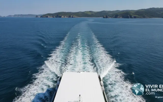 Ferry de pasajeros navegando en mar en calma con la costa al fondo
