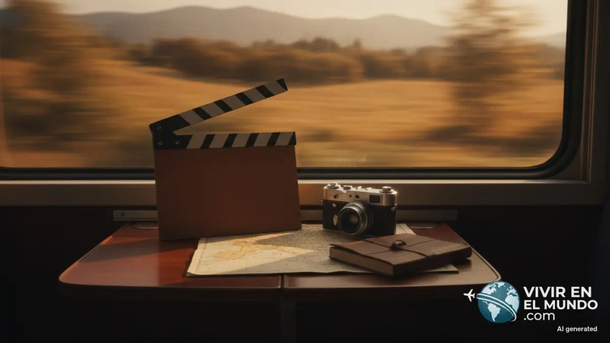 Claqueta de cine y cámara sobre la mesa de un tren en marcha