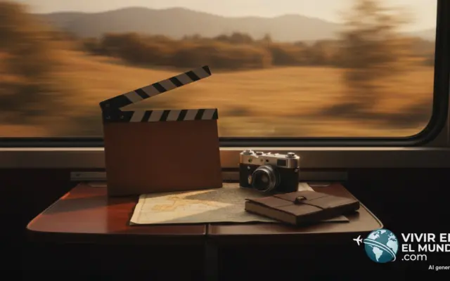 Claqueta de cine y cámara sobre la mesa de un tren en marcha
