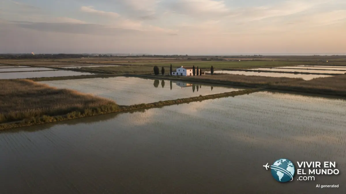 Arrozales inundados del delta del Ebro en primavera con una masia blanca al fondo