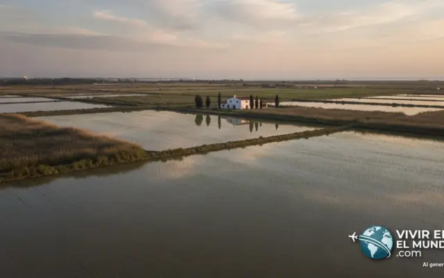 Arrozales inundados del delta del Ebro en primavera con una masia blanca al fondo