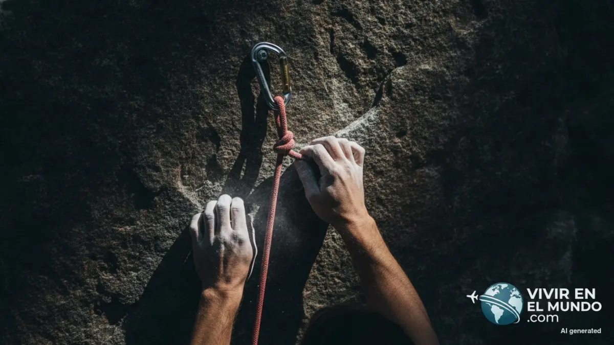 Manos de escalador agarradas a una pared de granito con magnesio y cuerda