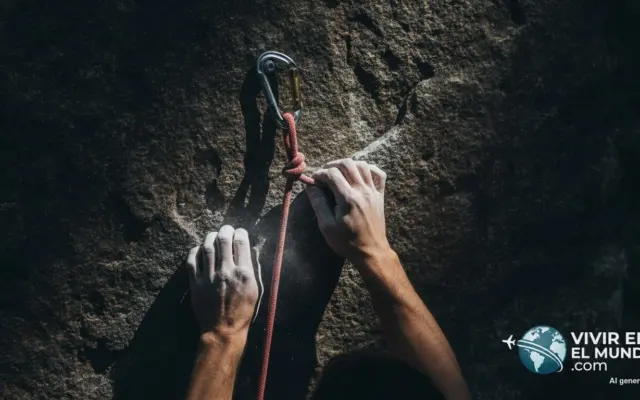 Manos de escalador agarradas a una pared de granito con magnesio y cuerda