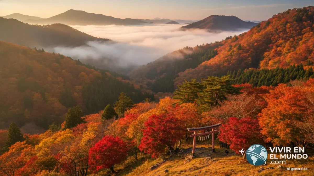 Valle japonés en otoño con arces rojos y niebla sobre laderas boscosas