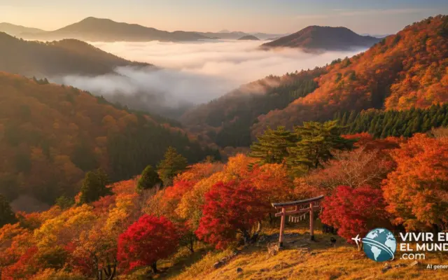 Valle japonés en otoño con arces rojos y niebla sobre laderas boscosas