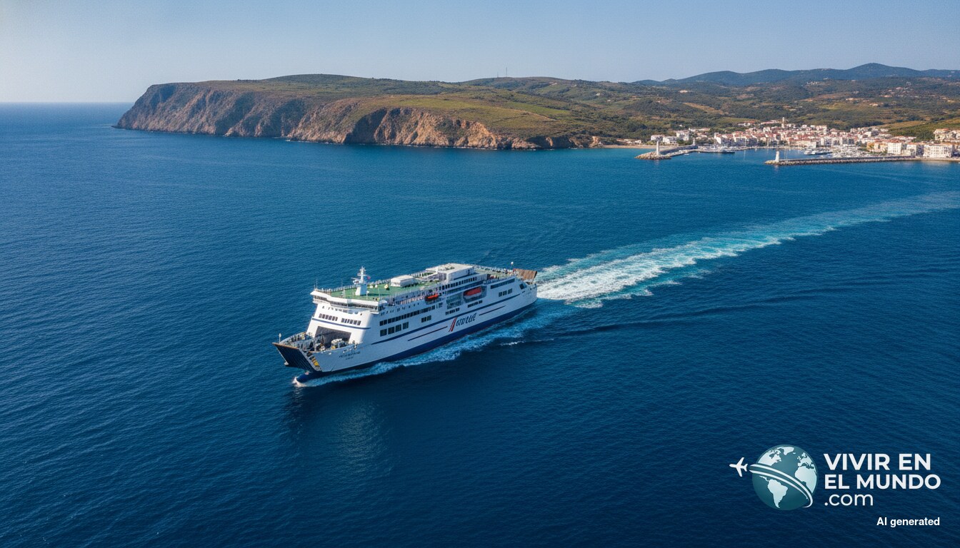 Ferry de pasajeros acercándose a un puerto del Mediterráneo en verano