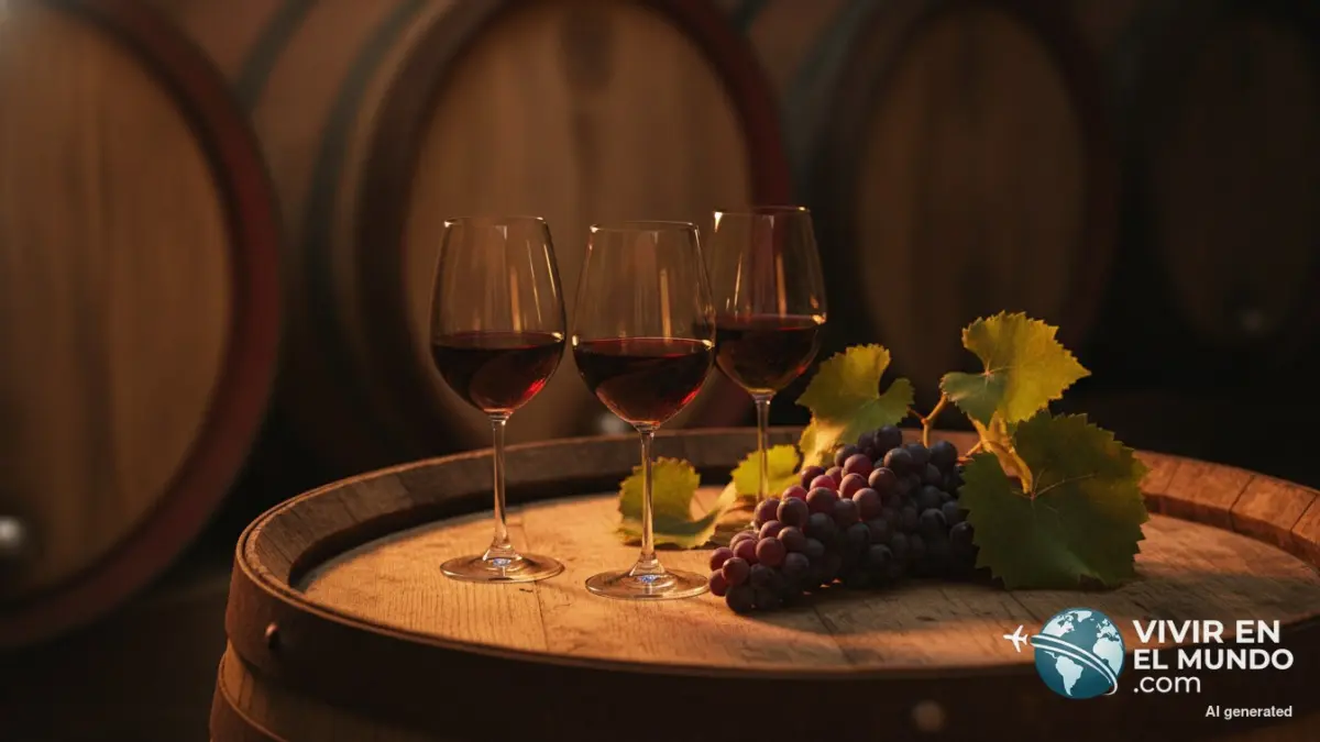 Copas de vino tinto sobre una barrica en una bodega en penumbra