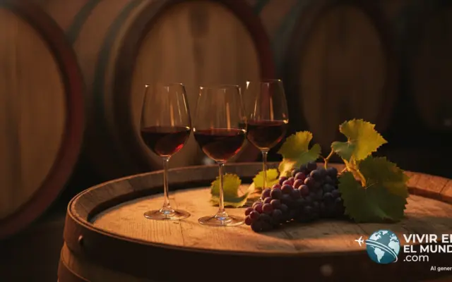 Copas de vino tinto sobre una barrica en una bodega en penumbra