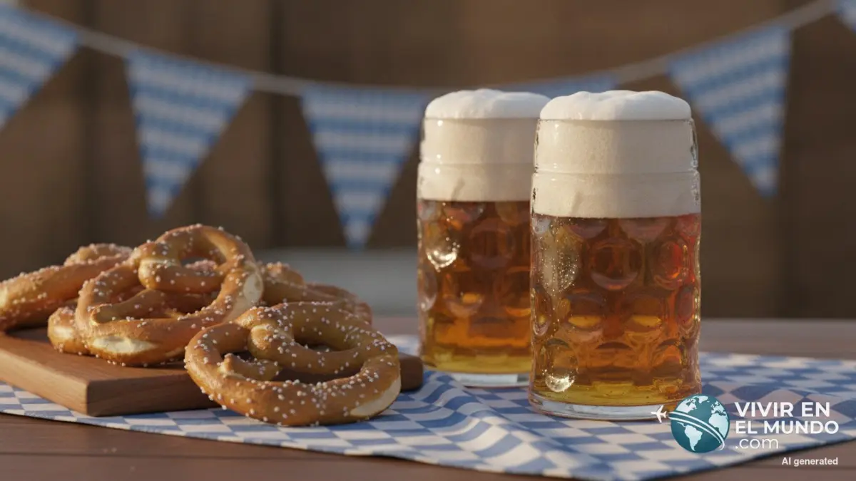 Jarras de cerveza, pretzels y banderines bávaros sobre mantel de cuadros