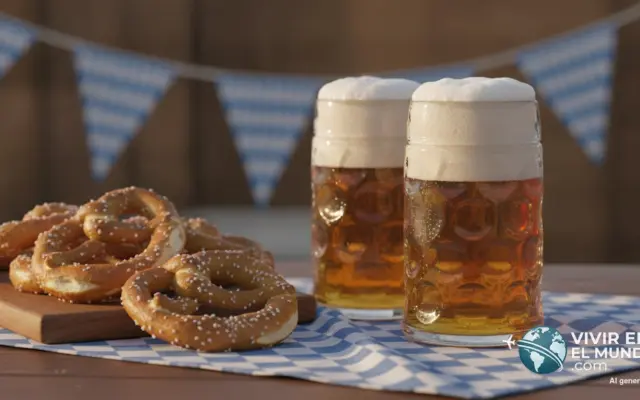 Jarras de cerveza, pretzels y banderines bávaros sobre mantel de cuadros