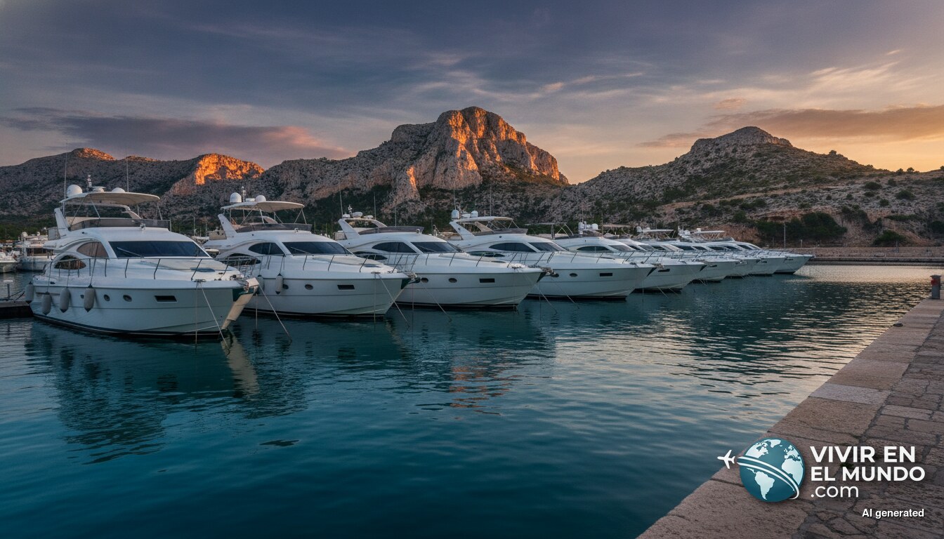 Barcos de alquiler amarrados en un puerto deportivo de Mallorca al anochecer