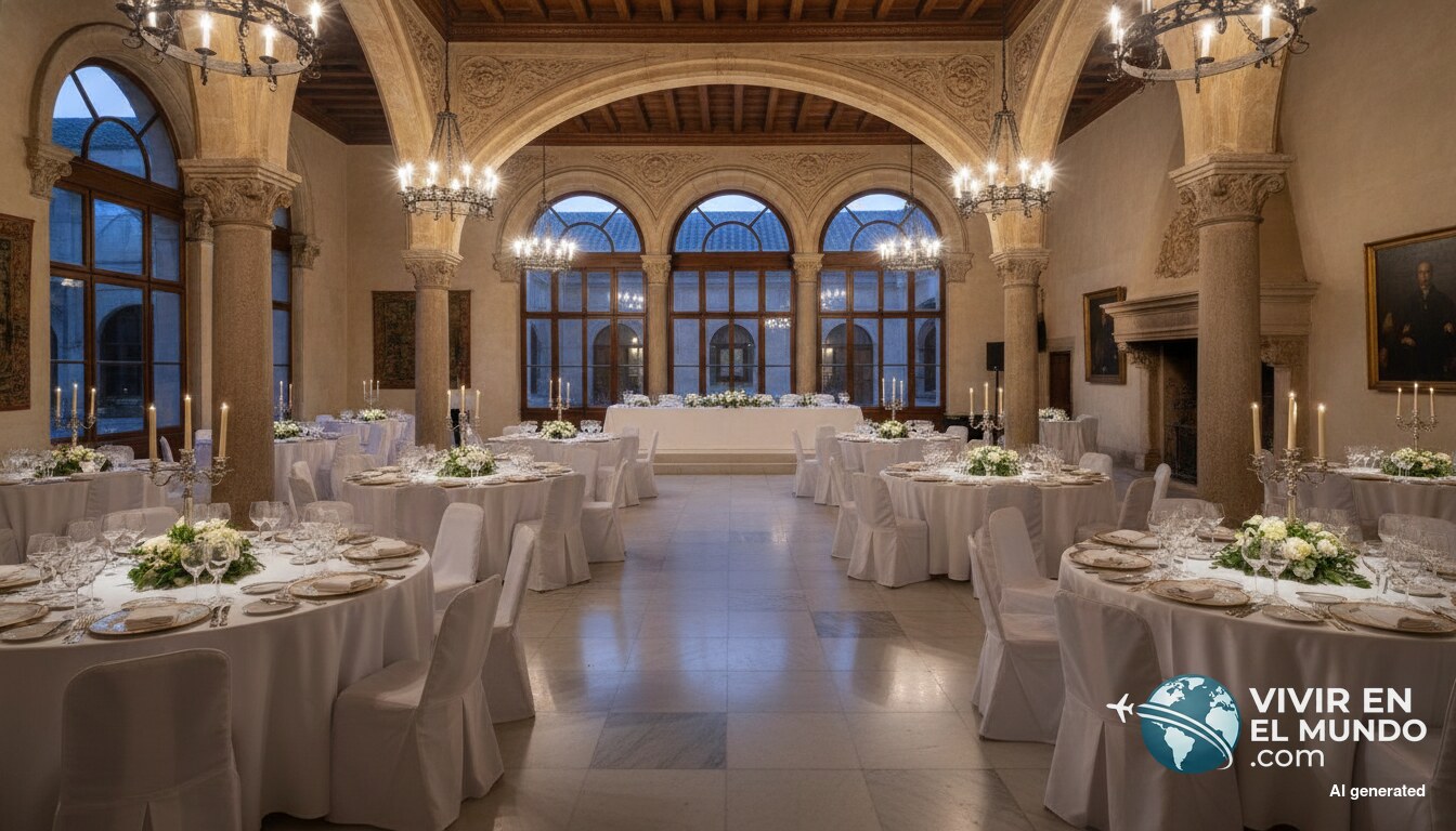 Salón de banquetes preparado para una gala con mesas redondas y mantelía blanca