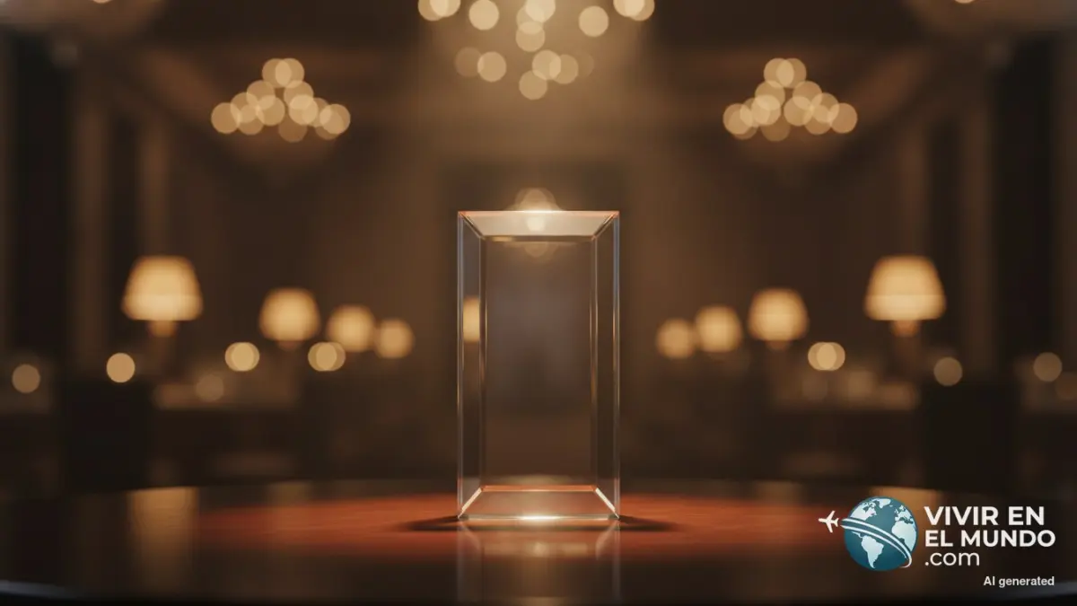 Trofeo de cristal sobre una mesa oscura bajo un foco cálido