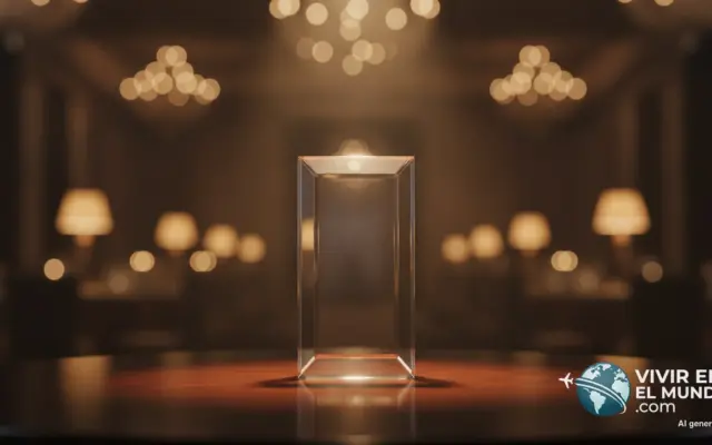 Trofeo de cristal sobre una mesa oscura bajo un foco cálido