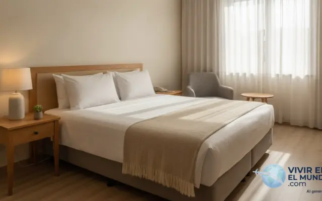 Habitación de hotel sencilla y acogedora con luz de mañana