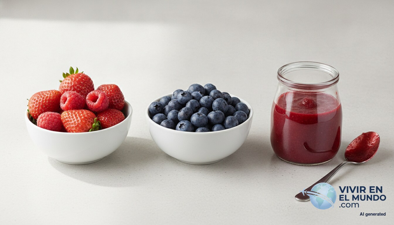 Fresas, frambuesas y arándanos en cuencos blancos junto a un tarro con puré de frutos rojos