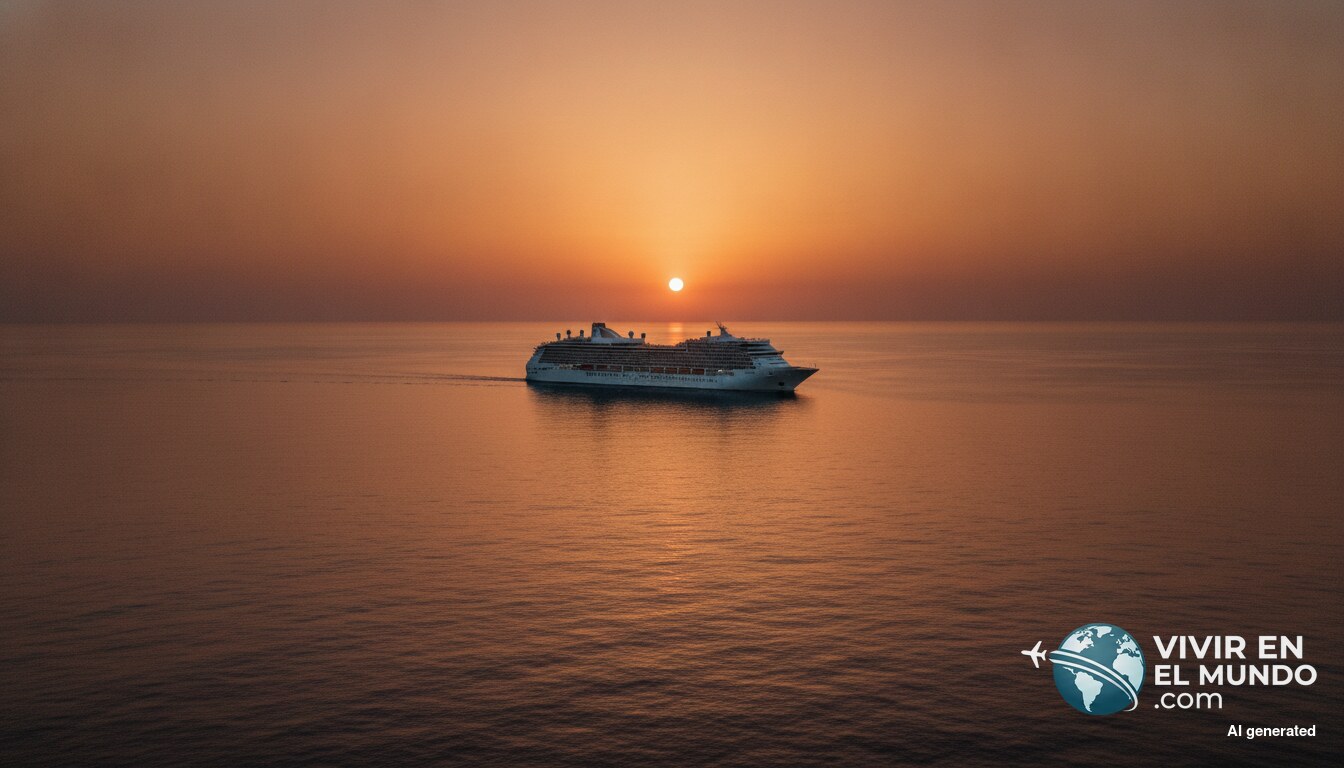 Crucero blanco navegando en mar abierto al atardecer
