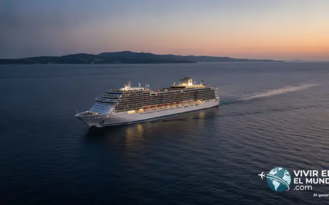 Crucero navegando en aguas tranquilas del Mediterráneo al atardecer