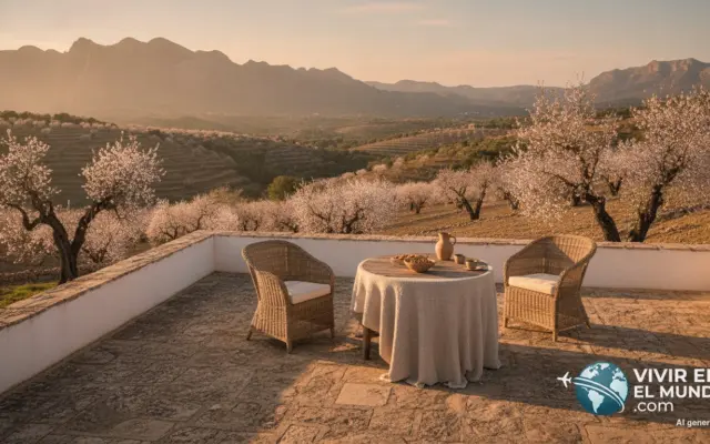 Terraza de una finca mallorquina con vistas a la sierra de Tramuntana