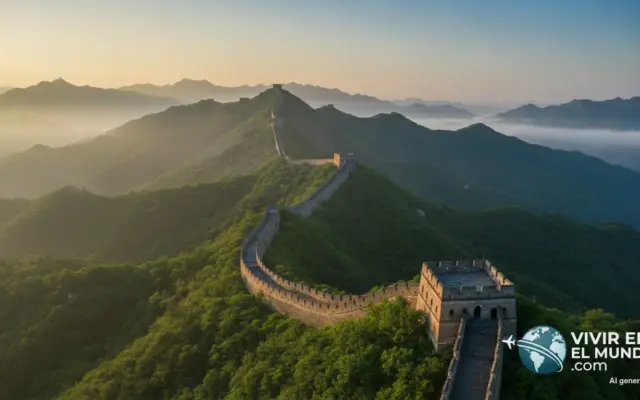 La Gran Muralla China serpenteando sobre montañas boscosas al amanecer