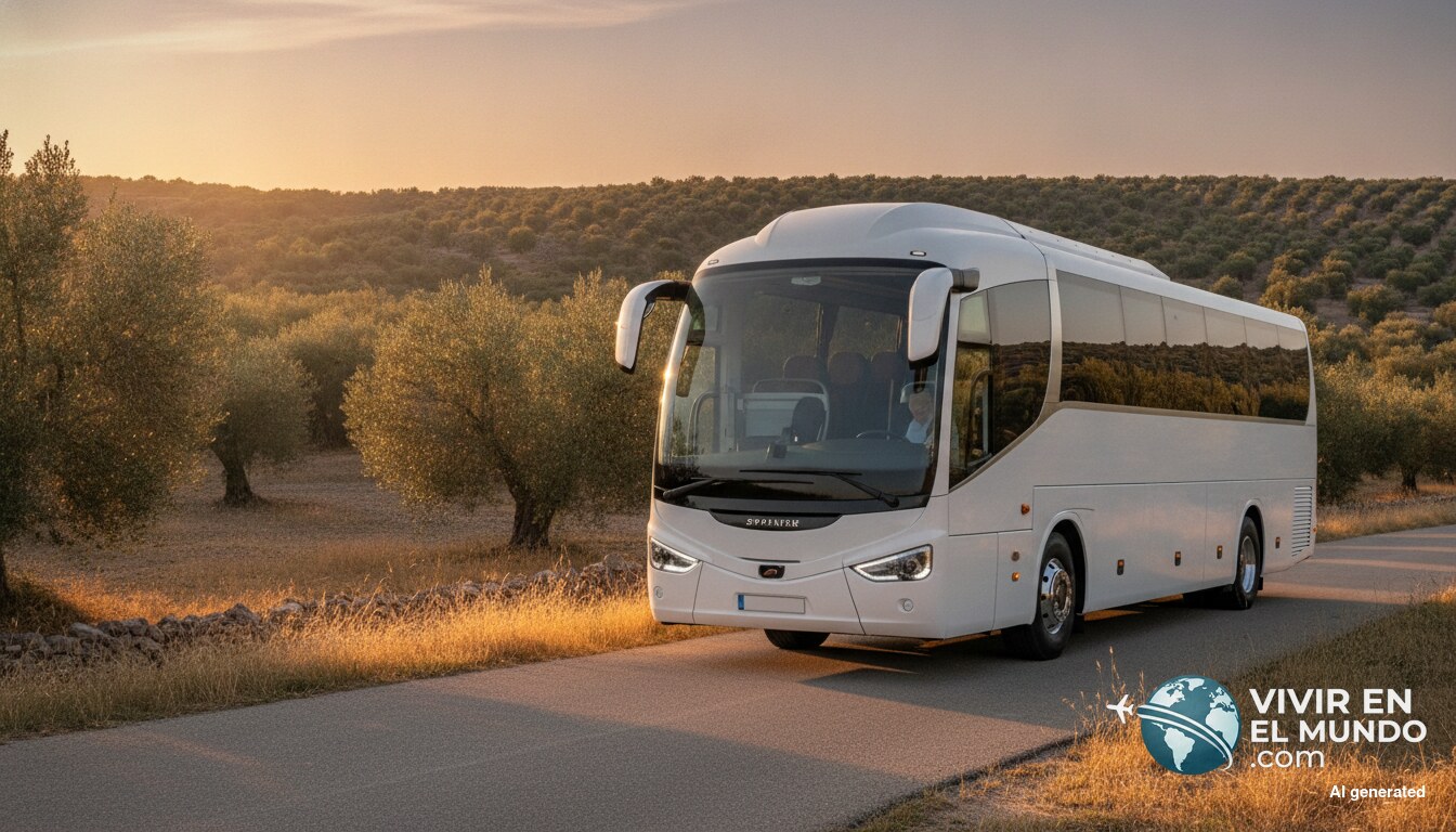 Autocar moderno aparcado en una carretera del campo andaluz al atardecer