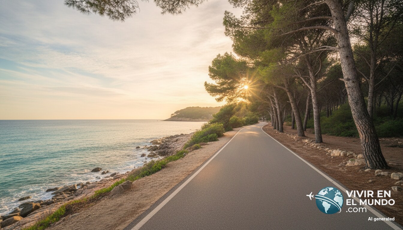 Camino costero para correr y pedalear en Baleares al amanecer