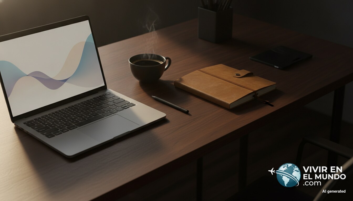 Mesa de trabajo de madera oscura con un portátil mostrando una gráfica y un cuaderno