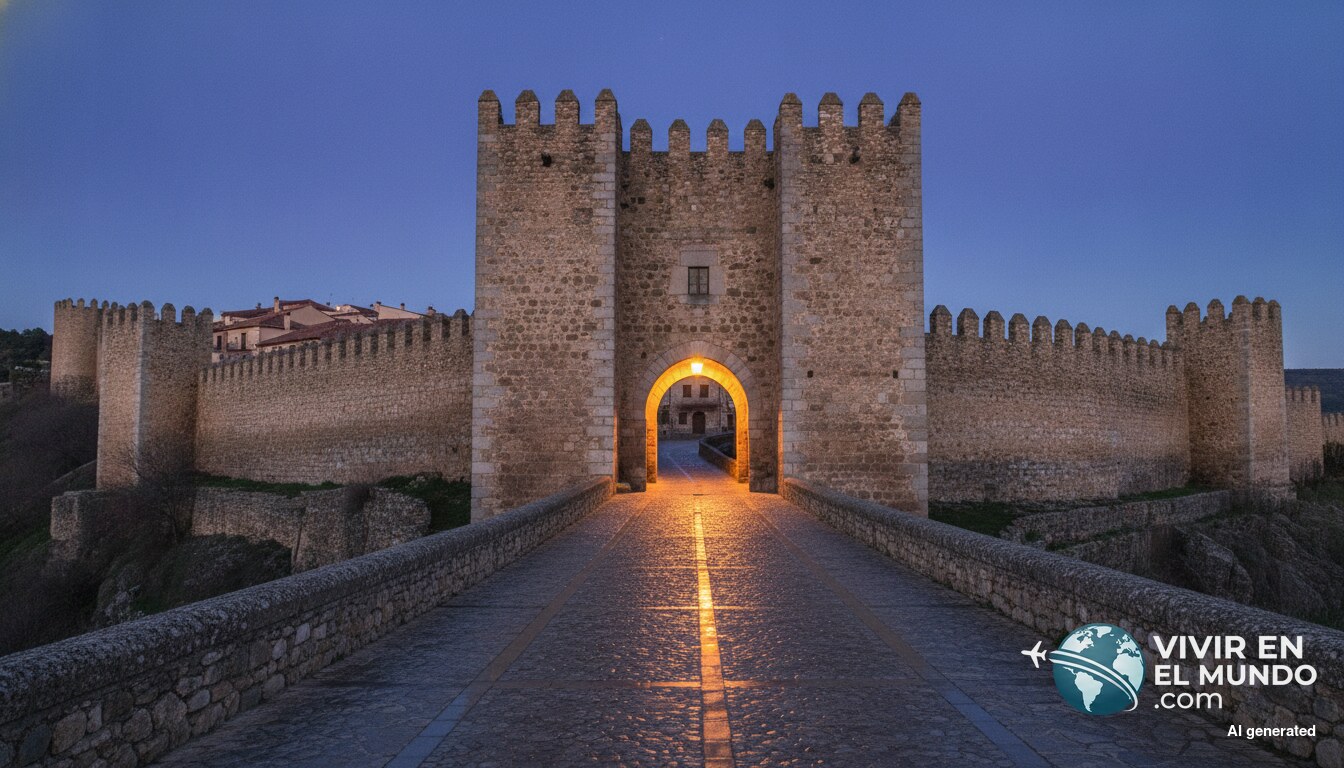 Villa medieval amurallada española iluminada a la hora azul