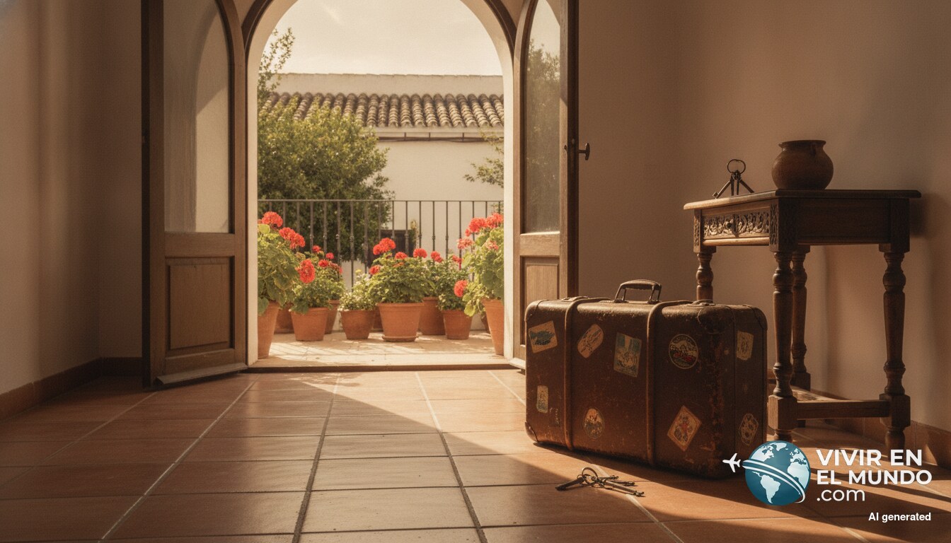 Maleta de viaje en el recibidor de una casa española con la puerta abierta al patio