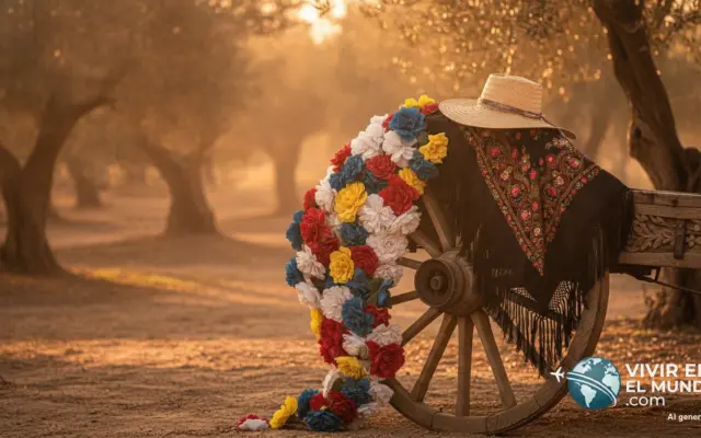 Detalle de carreta engalanada con flores de papel y mantón en una romería