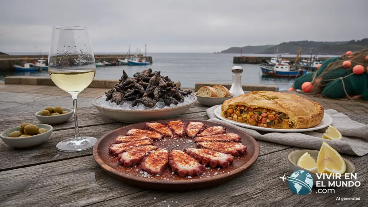 Pulpo a feira, percebes y empanada gallega sobre mesa de madera junto al puerto
