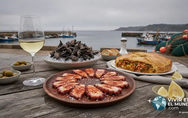 Pulpo a feira, percebes y empanada gallega sobre mesa de madera junto al puerto