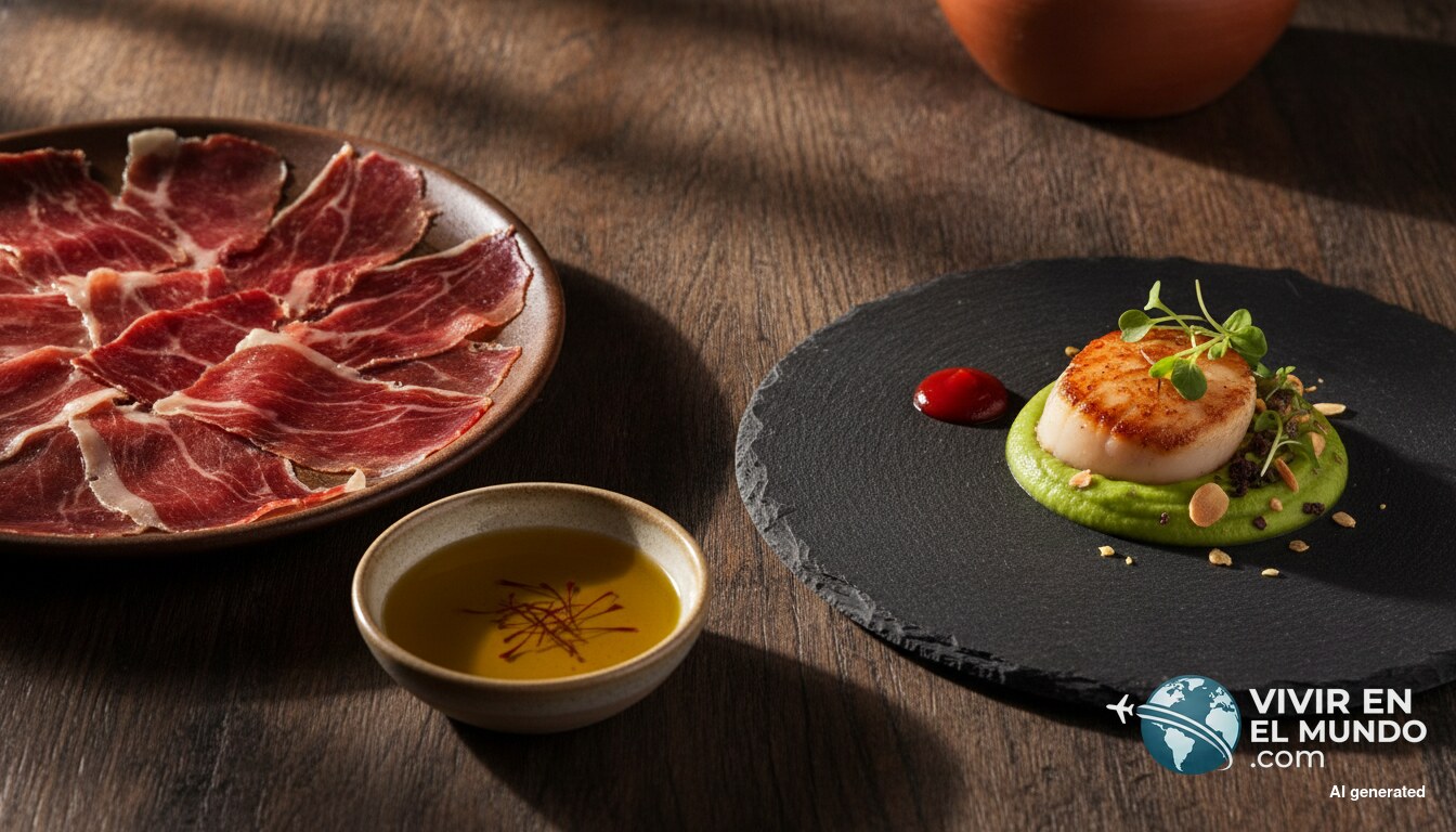 Mesa con jamón curado, aceite de oliva y una tapa de cocina moderna sobre pizarra