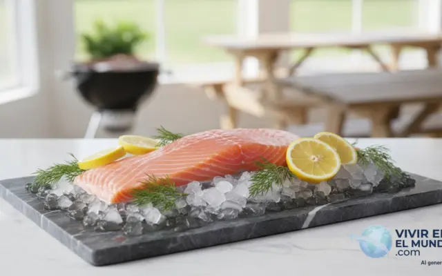 Lomo de salmón fresco sobre hielo con limón y eneldo