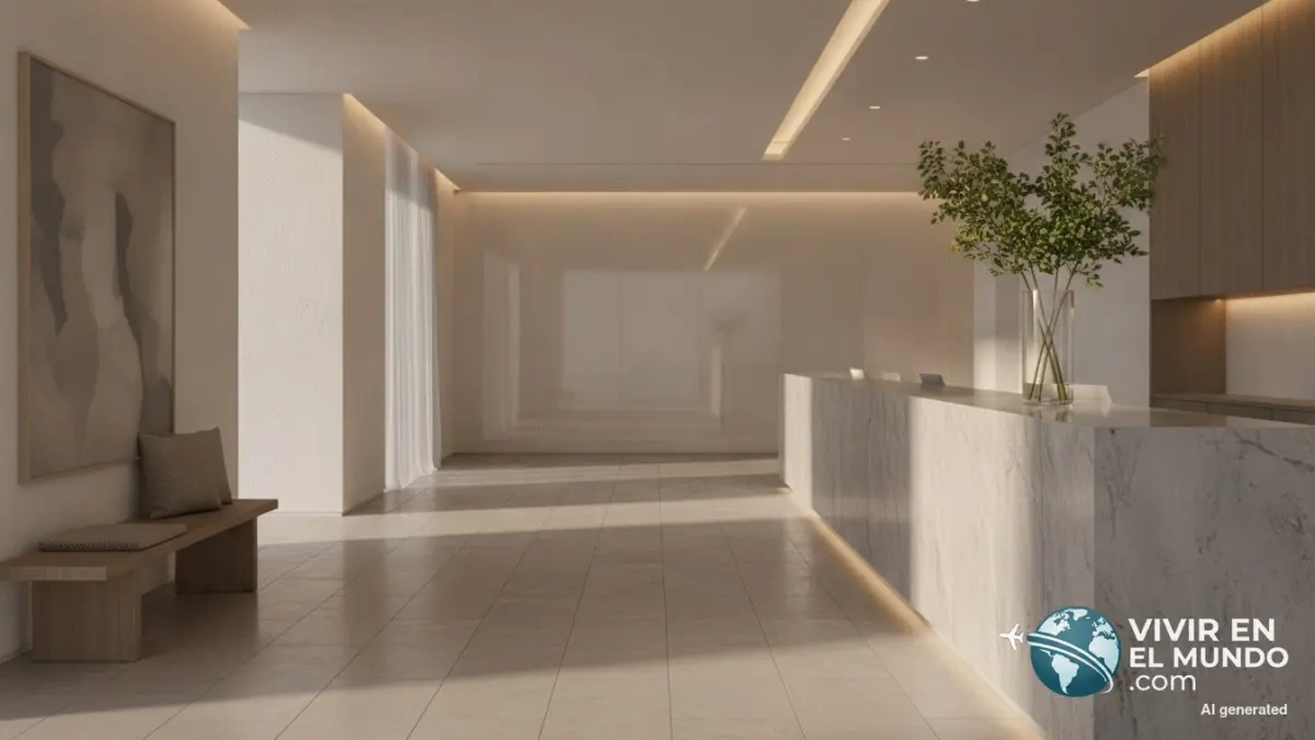 Recepción de hotel moderna y vacía con iluminación suave al amanecer