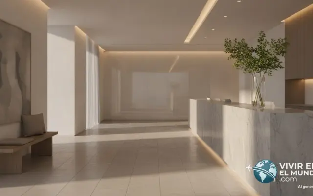 Recepción de hotel moderna y vacía con iluminación suave al amanecer