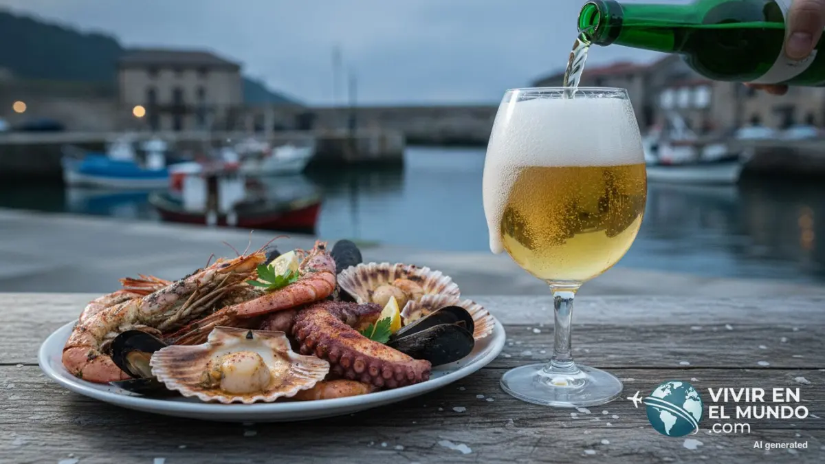 Vaso de sidra asturiana y marisco a la plancha sobre mesa de madera