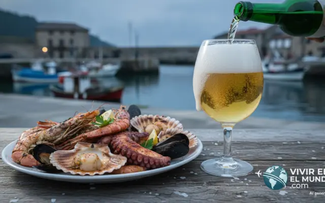 Vaso de sidra asturiana y marisco a la plancha sobre mesa de madera