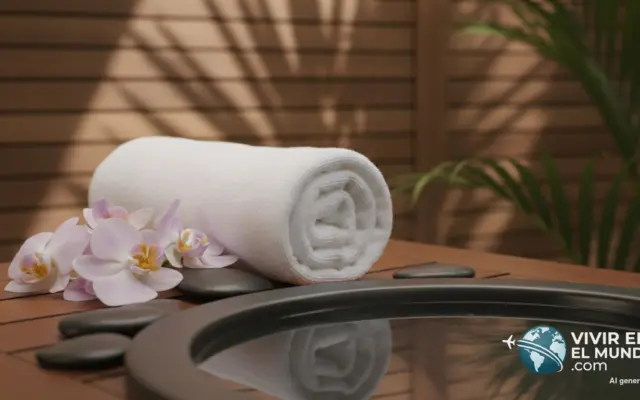 Detalle de spa tropical con toalla, orquídeas y piedras junto al agua