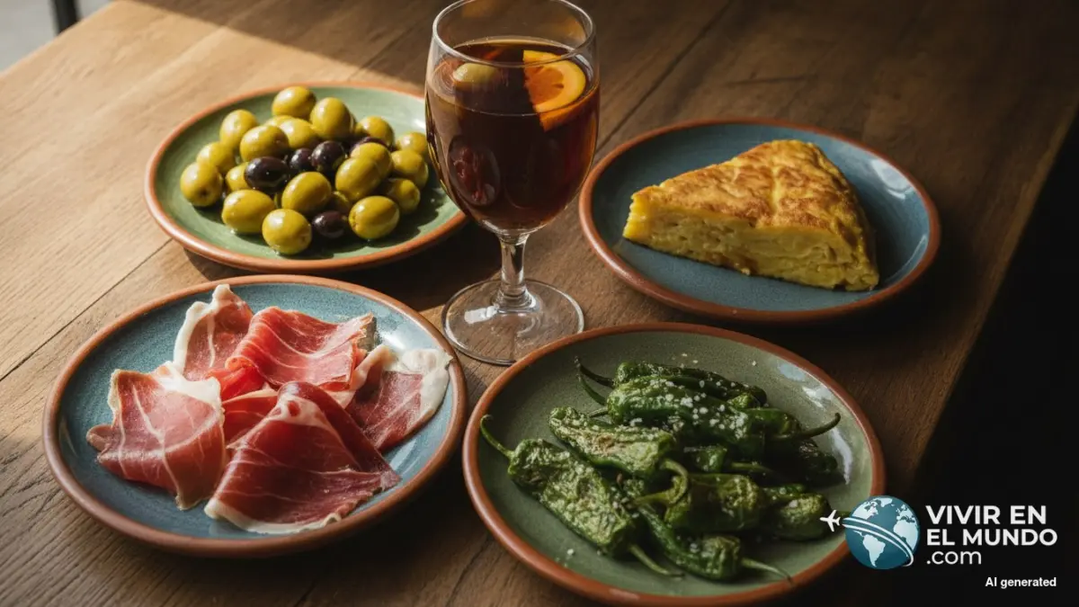 Surtido de tapas españolas en platos de cerámica sobre una barra de madera